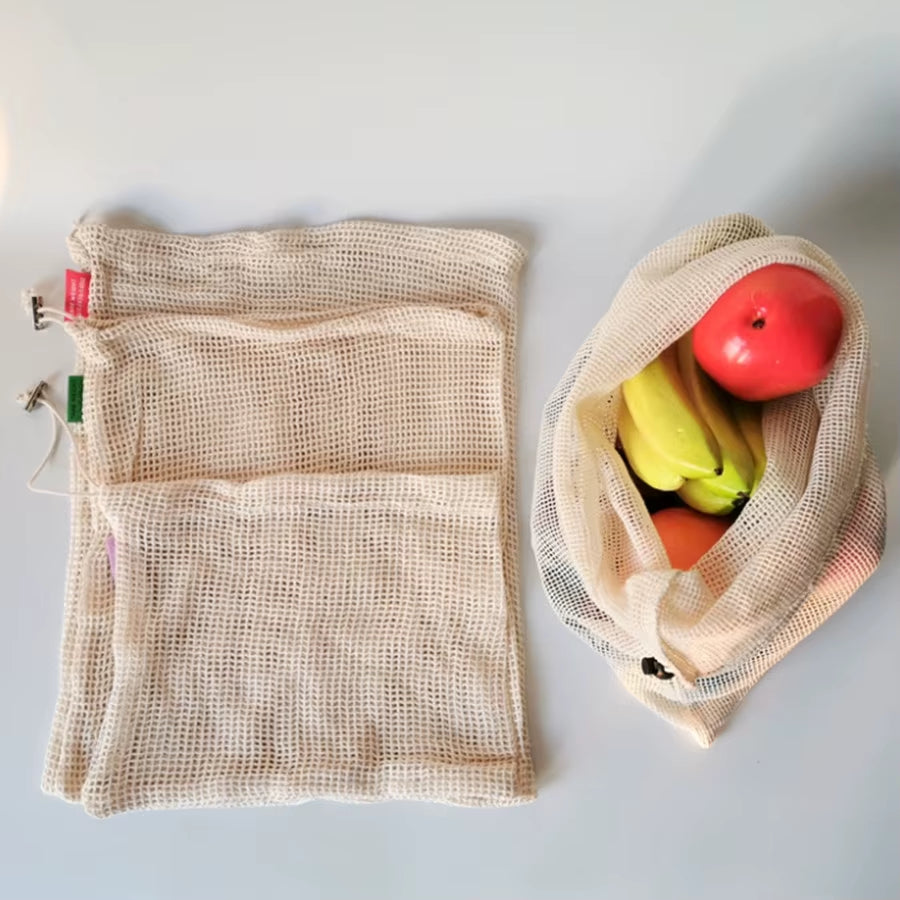 GOTS Certified Reusable Organic Cotton Mesh Bags for Fruits and Vegetables Striped Pattern Eco-Friendly Market Shopping Net