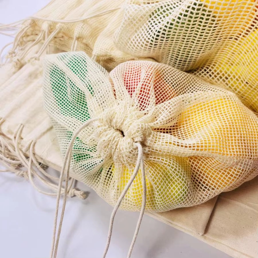 GOTS Certified Reusable Organic Cotton Mesh Bags for Fruits and Vegetables Striped Pattern Eco-Friendly Market Shopping Net