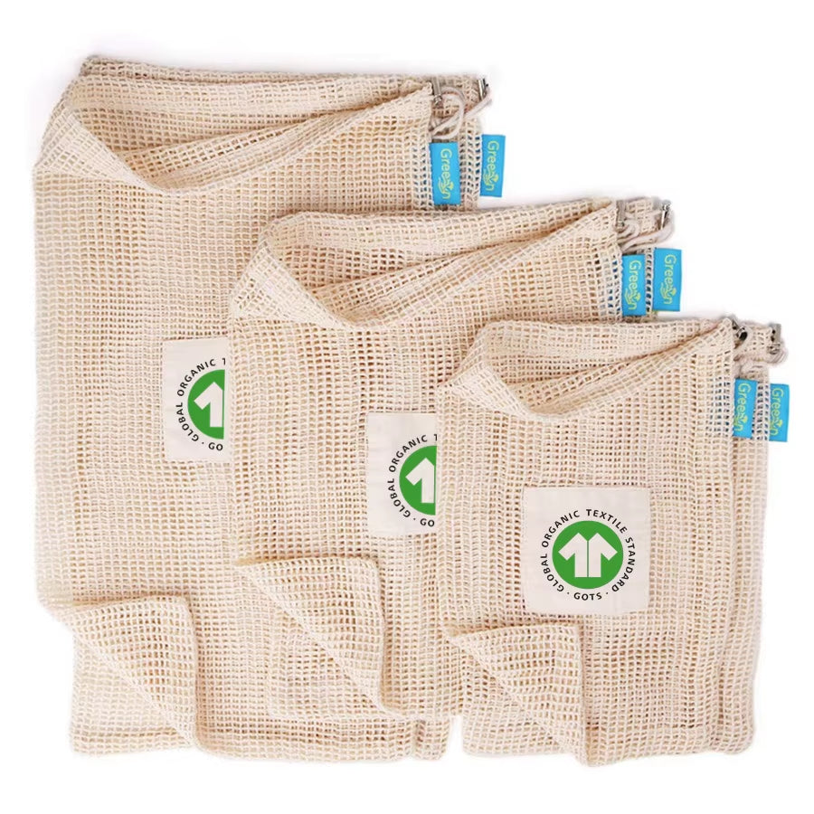 GOTS Certified Reusable Organic Cotton Mesh Bags for Fruits and Vegetables Striped Pattern Eco-Friendly Market Shopping Net