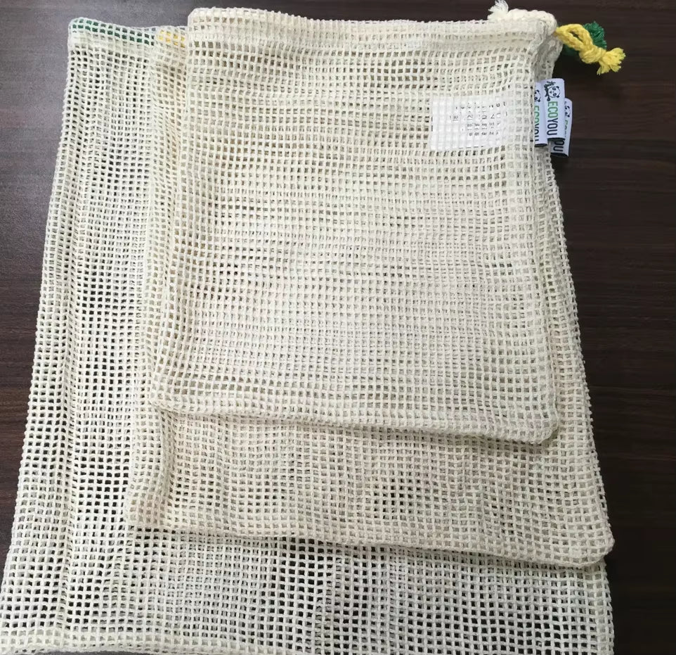 GOTS Certified Reusable Organic Cotton Mesh Bags for Fruits and Vegetables Striped Pattern Eco-Friendly Market Shopping Net