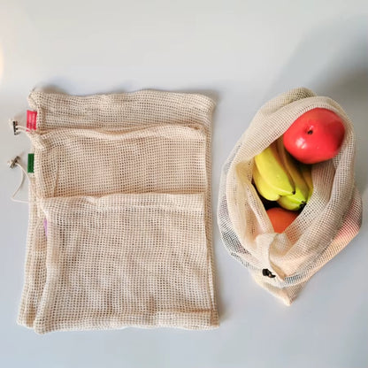 GOTS Certified Reusable Organic Cotton Mesh Bags for Fruits and Vegetables Striped Pattern Eco-Friendly Market Shopping Net