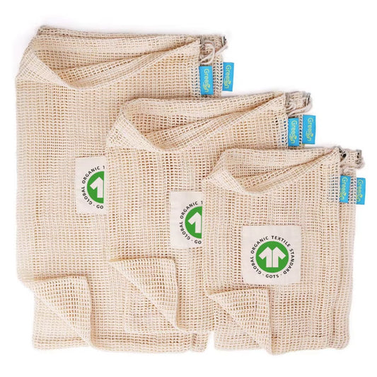 GOTS Certified Reusable Organic Cotton Mesh Bags for Fruits and Vegetables Striped Pattern Eco-Friendly Market Shopping Net