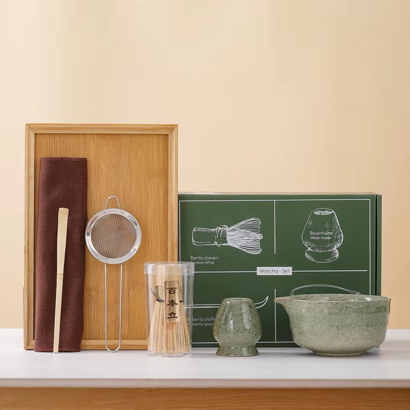 Custom Logo 7 Pieces Ceramic Matcha Set Bamboo Whisk Set Chawan Matcha Bowl Matcha Tools